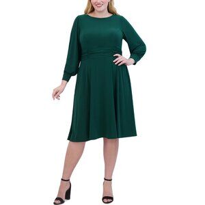 Jessica Howard Womens 16W Emerald Green Long Sleeve Pleated Waist Dress Knee Len